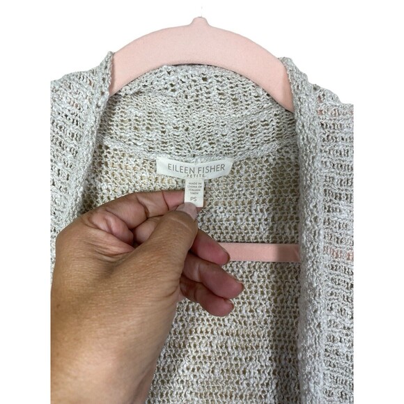 EILEEN FISHER Size P Small Cardigan Sweater Beige Crochet Open Front Pockets - Picture 4 of 12